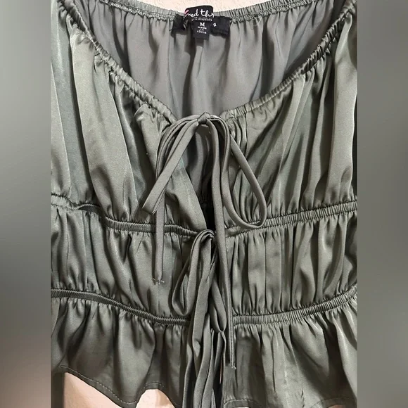 Mixed Threads Tie Front Square Neck Hunter Green Peasant Crop Blouse - Picture 5 of 13